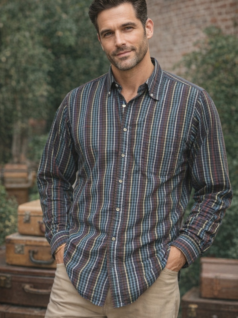 Vintage Jos A Bank Plaid Short Sleeve Mens Button Down Shirt 100% Cotton Preppy